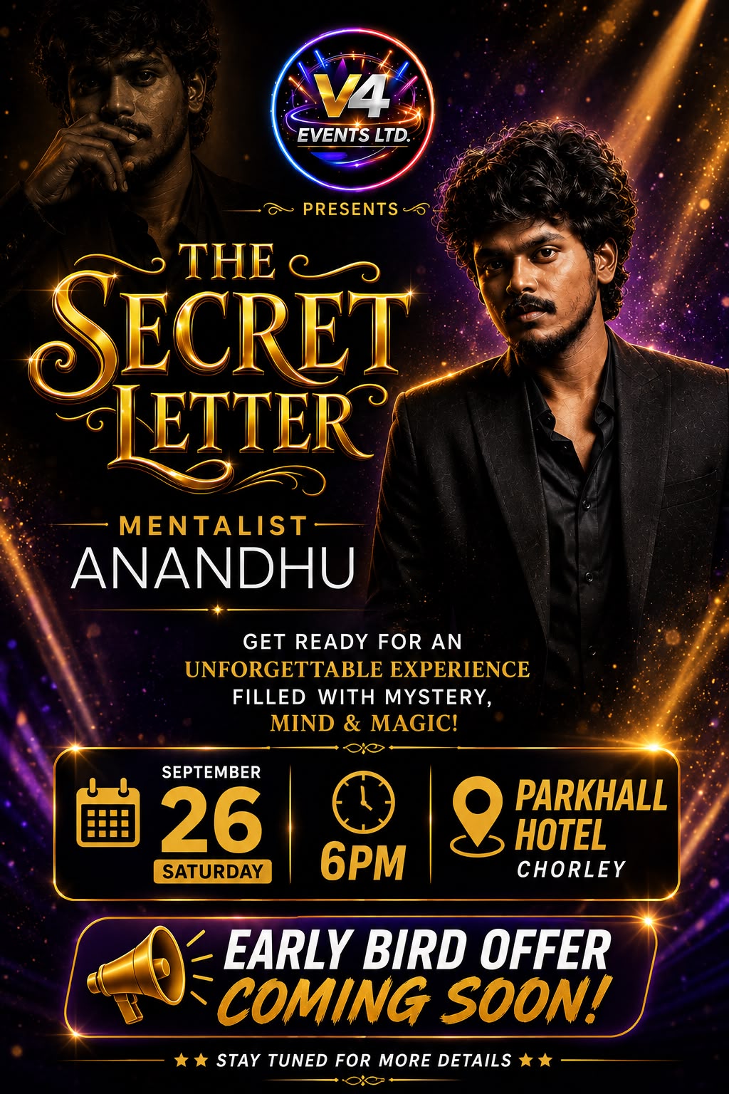 The Secret Letter — Mentalist Anandhu, Saturday 26 September 2026, 6PM, Parkhall Hotel Chorley